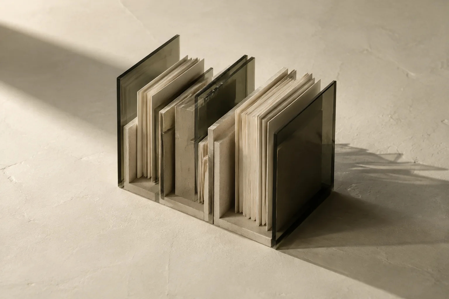 Architectural study of paper archives held between translucent olive glass panels.