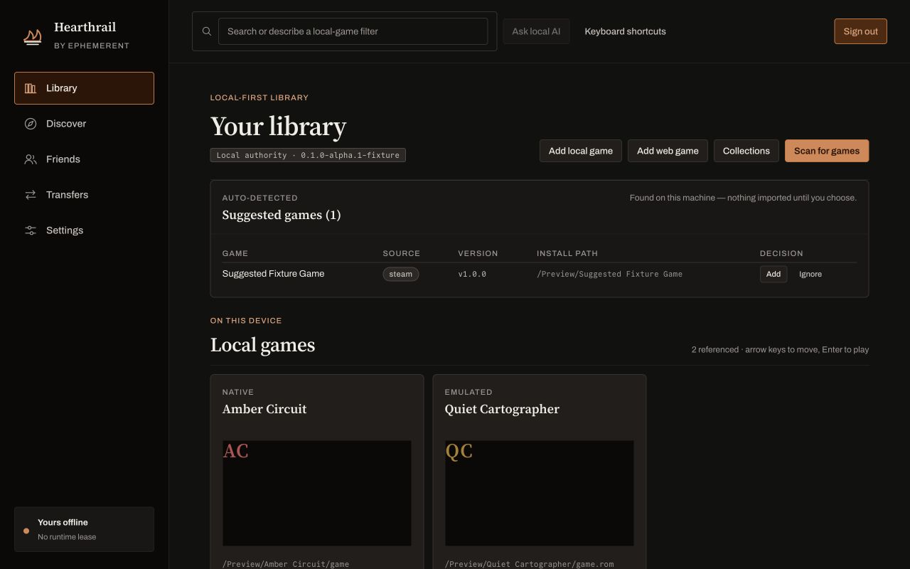 Hearthrail's real library view showing local games, a suggested game, and the offline status panel.